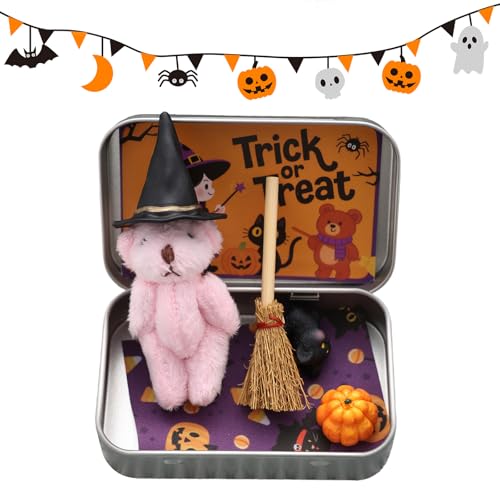 Halloween Bear en Caja de Regalo, Bruja Hecha a Mano con Sombrero mágico, escobas, Calabazas y Gatos, Oso pequeño de Consuelo Emocional, Juguete tierno para niños y Familiares