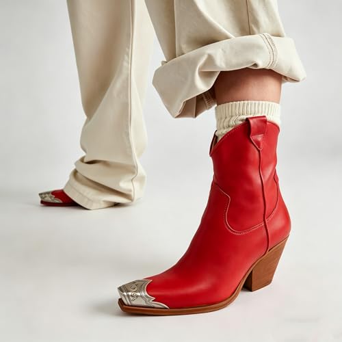 Image of keleimusi Women's Western Cowgirl Ankle Boots Stacked Block Heel Cowboy Booties Steel Toe Heeled Short Cowboy Boots Western Booties