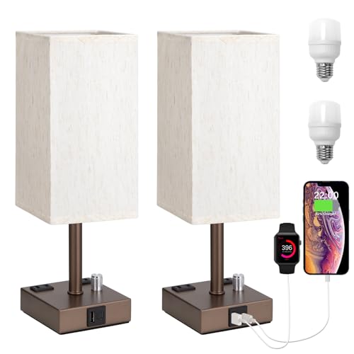 Brown Bedside Table Lamps Set of 2 - Dimmable, USB C+A, 2 AC Outlets by aooshine - Used condition - US$40.18