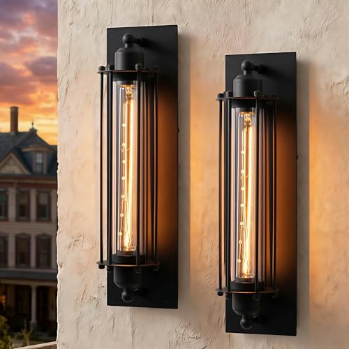 Image of mirrea 18-Inch Industrial Outdoor Wall Light Sconce, Matte Black, Set of 2