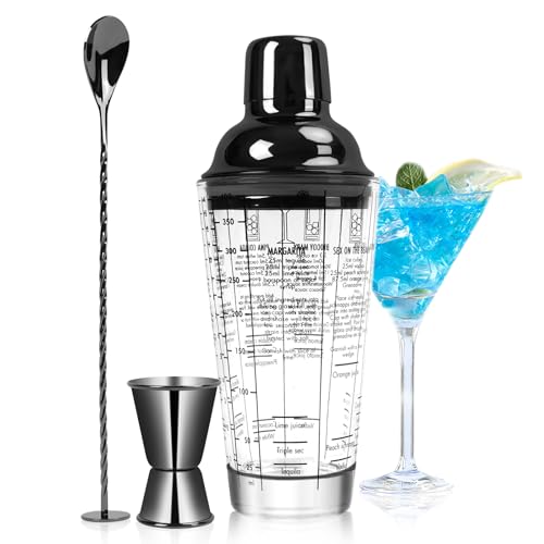 SAVORLIVING Set di shaker da cocktail in vetro da 14 once, Mixer Shaker Margarita con colino, misuratore e cucchiaio, Set di strumenti da bar professionali per barman e principianti (Nero, 3PCS)
