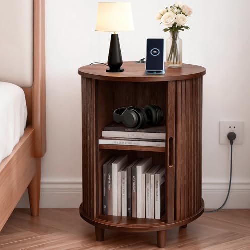 Image of DHH End Table Set of 2 with Storage & Charging Station, Fluted Accent Side Table with Sliding Door & Adjustable Shelf, Mid-Century Nightstand for Small Spaces, Living Room, Bedroom(2, Walnut)