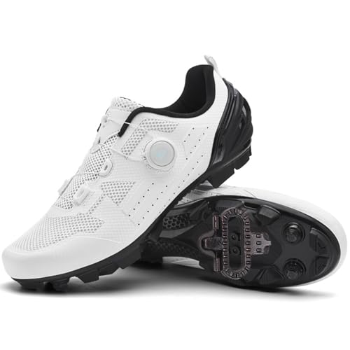 PENXZT Zapatillas de Ciclismo para Hombre Zapatos Carretera Exterior MTB Compatible con SPD Pedales 2 Tornillos con Calas Zapatos Bicicleta de Montaña,Blanca,41 EU