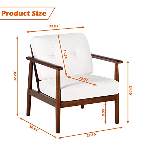 Aileekiss Mid Century Modern Accent Chair Retro Wood Leather Armchairs Upholstered Arm Chair Lounge Chairs With Cushion For Living Room, Bedroom, Office, Studio (White) #TOP2