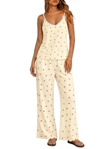 Image of Ekouaer Womens Y2K Cami Pajama Set with Flare Pants, 2 Piece Lace Trim Sleepwear Spaghetti Strap Pjs Set XS-2XL