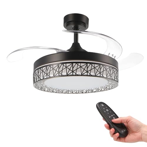 M Ledme - Ventilador de Techo Led Black Aqua 66W con luz, mando a Distancia, Bajo consumo, motor DC 30W+Luz Led 36W, 6 velocidades, Silencioso, 4 Aspas desplegables, verano-invierno, temporizador
