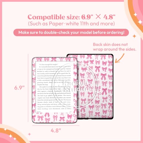 Image of KACIOLA STUDIO 24PCS Pink Bow Skin for E-Reader, and 4PCS Type C Charms for E-Reader with Scrapbook Stickers, 6.9 inchx4.8 inch Skin Front and Back Decal Inserts for Paper White 11th (Pink Bow)