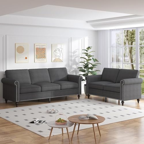 Image of ijuicy 2 Pcs Sectional Sofa Set,Modern Upholstered Couch Set-Dark Gray | Living room furniture set including loveseat and 3 seat sofa features 5 inch thick cushions and classic nailhead trim