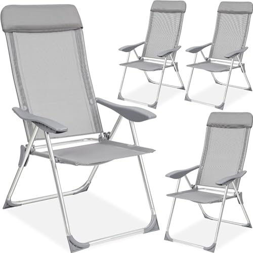 TecTake® Reclining Garden Chairs - Set of 4 - with Adjustable Backrest & Footrests & Head Cushion - Made of Durable Lightweight Aluminium - Sun Lounger for Patio, Camping or Balcony - Grey