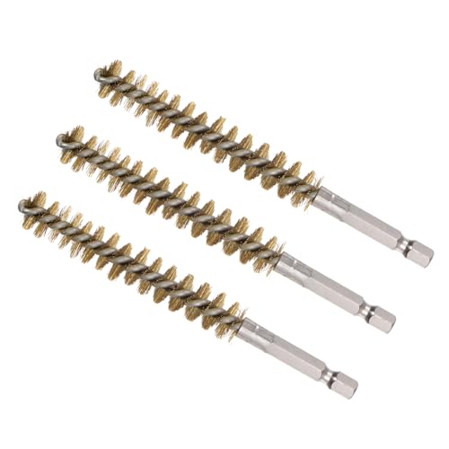 Image of Bore Brush, 12mm Dia 75mm Length, Brass Twisted Cleaning Wire Brushes with 1 /4 inch Hex Shank - (Applications: for Power Drill), 3-Pieces