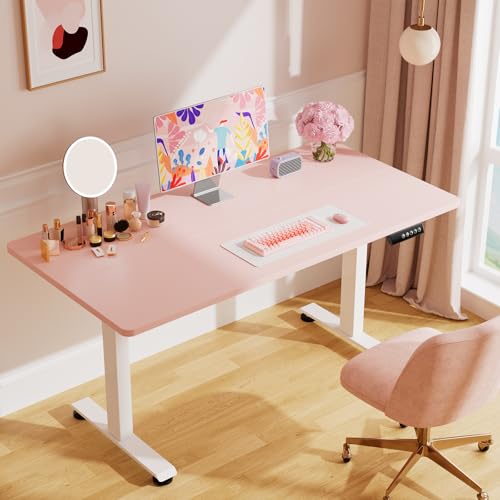 Image of Veken 55 Inch Large Electric Standing Desk, 4 Memory Heights Adjustable,Sit to Stand Up, Work Home Office Computer Table for Study, Walking Pad, Writing, and Games, Wooden Desktop Desks, Pink