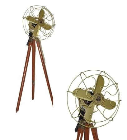 Handmade Antique Floor Fan, Royal Navy Fan With Brown Wooden Tripod Stand By TARANO