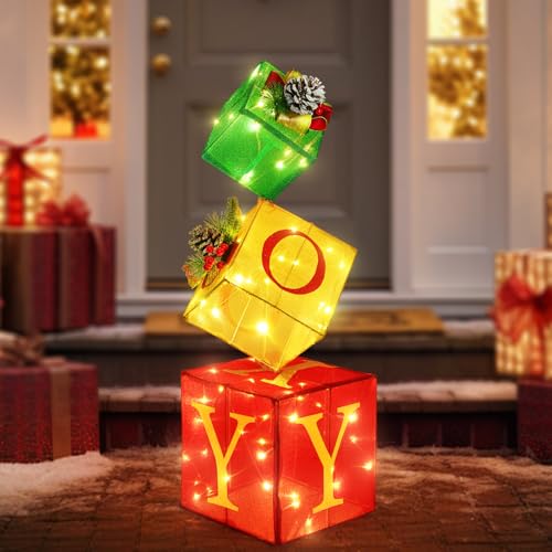 COVFEVER Christmas Joy Lighted Gift Boxes Decorations Set of 3,