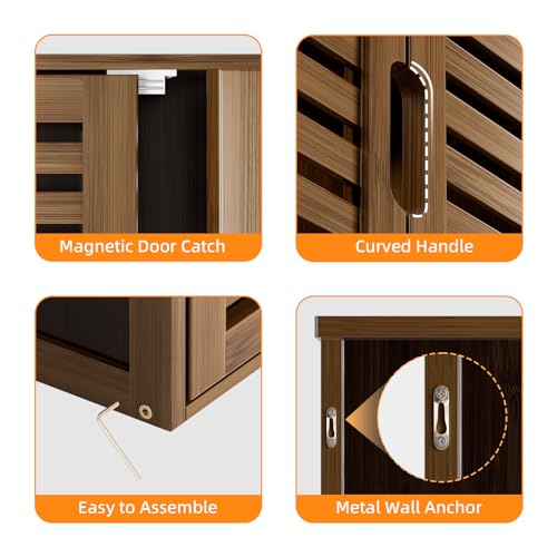 HITNET Medicine Cabinet Bathroom Storage Cabinet Wall Mounted Over The Toilet Space Saver Organizer with Doors and Bamboo Shelves Walnut