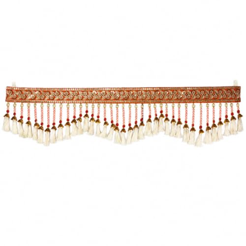 Image of ONESTA Traditional Embroidered Door Toran for Main Door | Decorative Bandhanwar with Tassels & Bells | Handmade Home Entrance Hanging | Festive Diwali Pooja Decor | Cream & Gold 3 Feet (Size 36 Inch Pack 01)