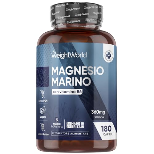 Magnesio Marino 360mg con Vitamina B6 in 180 Capsule Vegane, La Vitamina B6 Contribuisce alla Riduzione di Stanchezza e Affaticamento (EFSA), Integratore Magnesio Donna e Uomo (3 Mesi), Senza Glutine