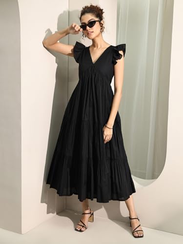 Image of Libas Solid Cotton Fit and Flare Dress for Women