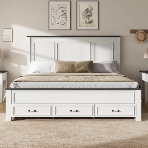 Image of AMERLIFE King Size Farmhouse Bed Frame with 52.2 inch Tall Panel Headboard & Footboard, Storage Platform Bed with Spacious Drawers, No Box Spring Required, Rustic White