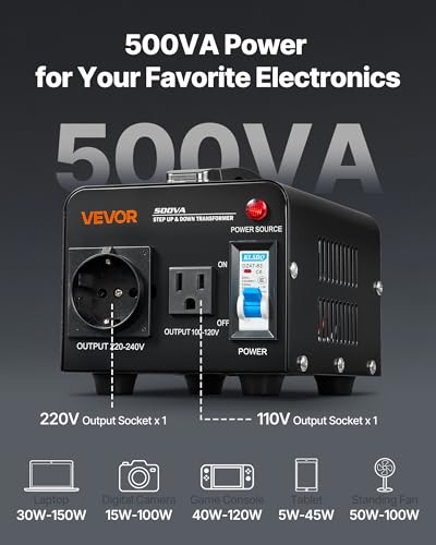Image of VEVOR Voltage Converter Transformer, 500VA, Heavy Duty Step Up /Down Power Transformer, Convert from 110V to 220V and 220V to 110V, with US Outlet, EU Outlet, Power Cord, Circuit Breaker Protection