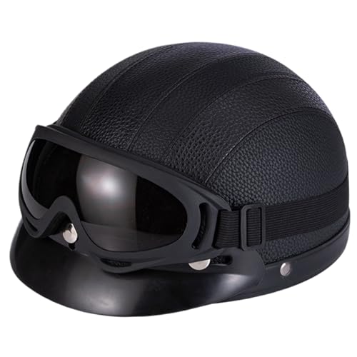 Casco de la Cara Abierta con Gafas Marrones claros Retro y Transpirable Casco Medio Adulto con protección de Cuello Desmontable liberación rápida para Hombres Mujeres, Promedio (Negro), liberación r