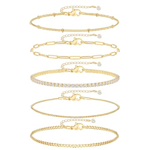 Image of iF YOU Gold Ankle Bracelets for Women, 14k Gold Plated Waterproof Cuban Link Chain Anklets Set, Layered Anklet Bracelets for Women Beach Gift Adjustable Size 5pcs