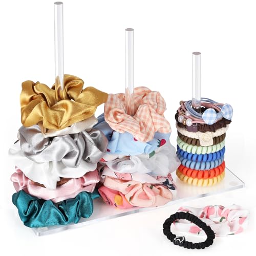 Suneerplay 3-Tiers Scrunchie Holder Stand Acrylic Hair Ties Organizer Clear HairBands Tower HairElastics Storage Hairs Accessories Organizer Scrunchie Display for Women and Girls