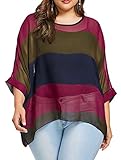 Fenxxxl Women's One Size Loose Casual Batwing Tops Chiffon Blouse Colorblock Shirt Tunics Rosered
