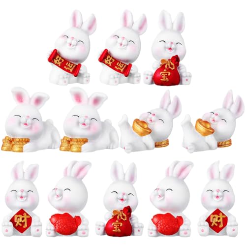 Kisangel 12Pcs Mini Rabbit Figurines - Resin Bunny Ornaments for Home Decor, Easter Bunny Decorations, Chinese New Year, 2.16 Inch Assorted Color Rabbite Statues