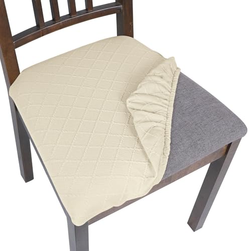 Image of SearchI Seat Covers for Dining Room Chairs Stretch Jacquard Chair Seat Covers Set of 4, Removable Washable Upholstered Chair Seat Protector Cushion Slipcovers for Kitchen, Office(Beige Rhombus)