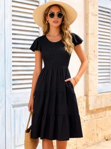 Image of Berydress Summer Dresses for Women 2026 Casual Boho Smocked Midi Sundress | Flowy Tiered Ruffle Ladies Dress, Ruffle Sleeve A Line Style with Pockets, For Beach Vacation, Casual, Garden Party, Church