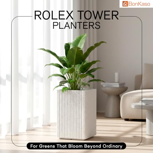 Image of BonKaso 18 Inch Rolex Tower Planter for Indoor & Outdoor Use | Tall Square Heavy Duty Polymer Flower Pot | Weather Resistant Modern Planter for Living Room, Balcony, Terrace & Office Decor﻿ (White)