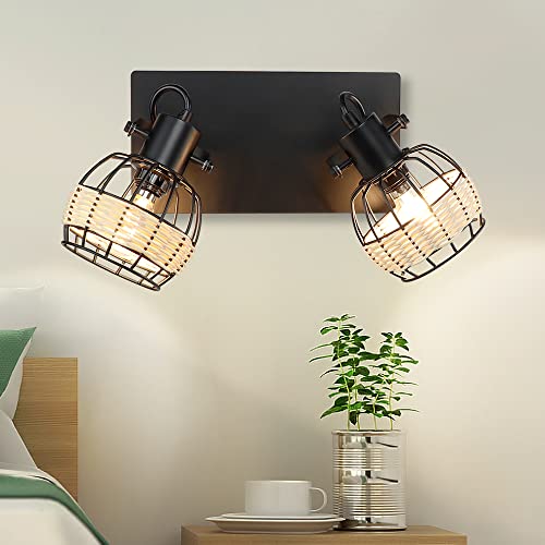Image of DLLT Vintage LED Track Lighting Kit, 2 Lights Rattan Caged Wall Light Fixture, Industrial Track Ceiling Spotlight for Bedroom Cloakroom Hallway Entryway Balcony Porch
