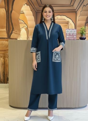 Image of SHEINZY Women's Embroidered Kurta Set with Pants | 3 /4 Sleeve V-Neck Kurti with Floral Thread Work | Ethnic Indian Wear for Casual & Festive Occasions | Comfortable Co-ord