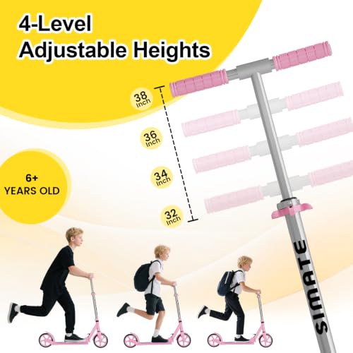 Image of SIMATE Kick Scooter for Kids Teens & Adults, 4 Adjustable Heights, 8IN All Terrain Big Wheels, Foldable and Lightweight, Gifts for Girls Boys