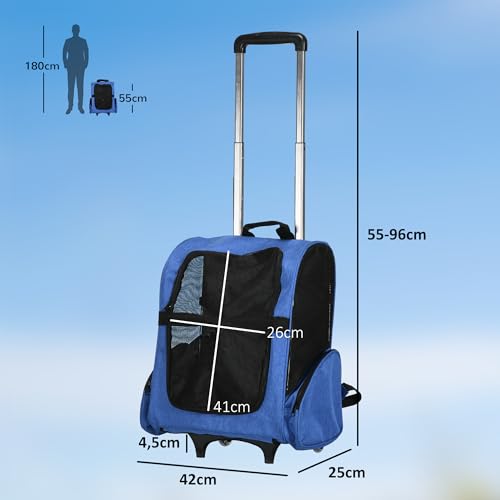 PawHut Transporttasche mit Rollen für Hunde, 2 in 1, Trolley, Rucksack für Hunde und Katzen, mit Teleskopgriff, Aufbewahrungstaschen, Belüftungen, Sicherheitsbefestigung, 42 x 25 x 55 cm, Bl-3