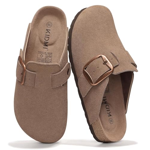KIDMI Genuine Suede Clogs for Women Memory Foam Cork Footbed Potato Shoes Slip On Leather Mules with Big Buckle, Mocha size 8 (39)