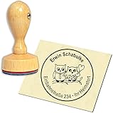 Stempel Adressstempel Holzstempel   Eulenpaar   rund ∅ 40mm personalisiert als Firmenstempel Namensstempel Bürostempel
