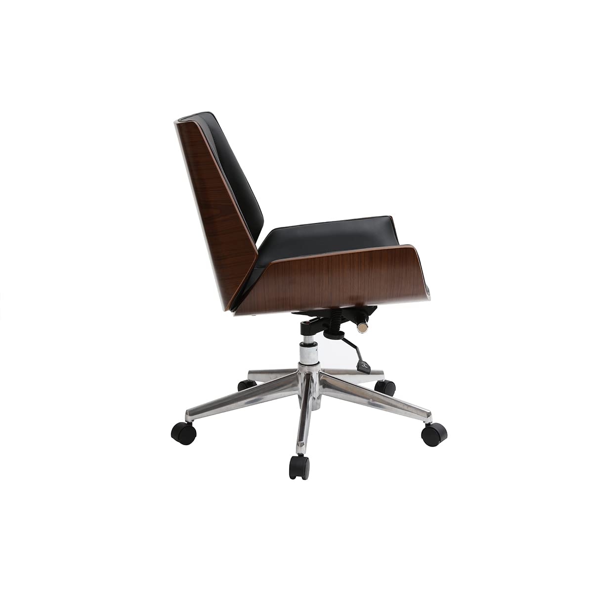 Miliboo Chaise de Bureau à roulettes Design Noir, Bois foncé Noyer et Acier chromé Curved