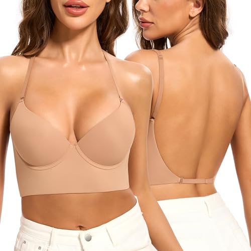 Low Back Bra for Women-Invisiable Backless Bras-Lightly Lined No Show Open Back Low Cut Bra Multiway Halter Bras(Sienna, 36C)