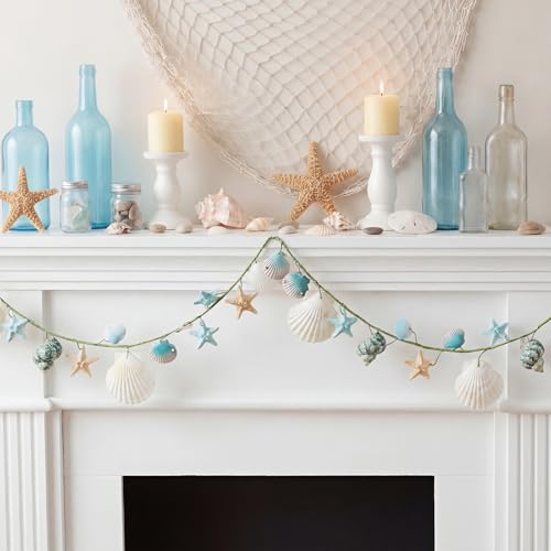5.58 ft Coastal Decor Shell Garland Beach Mantel Swag Decor Seashell Starfish Centerpiece Garland Conch Beach Decorations for Table Wall Bedroom Home Dining Doorway Weddings