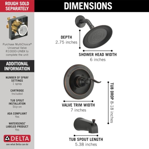 Delta Windemere 14 Series Bathtub and Shower Faucet Set, Oil Rubbed Bronze Shower Head and Handle Set, Valve Trim Kit, Oil Rubbed Bronze BT14496-OB (Valve Not Included) - image 3