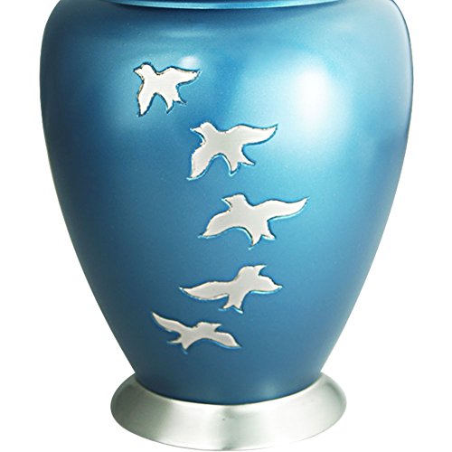 Cremation Urn for Human Ashes Adult - Brass Funeral Urn for Women or Men - Display Burial At Home or in Niche at Columbarium (Silvery Aria Flying Birds / Hummingbird, Blue Metal Urn for Adults Large
