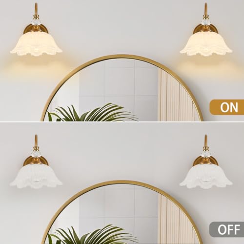 Image of 1 Piece Vintage Wall Sconce with Floral White Glass Shade, Matte Brass Finish Wall Sconce for Bathroom, Vintage Bathroom Vanity Light Fixture
