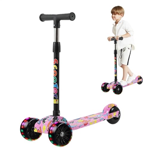 Patinete luminoso – Patinete fácil de plegar para patinete ajustable en el manillar | Patinete con 4 alturas ajustables, Patinete de 3 ruedas para niños y niñas, 22,83