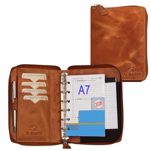 ALMADIH Leder A7 Organizer mit Reißverschluss + Kalender 2026 Notizblock Premium Rindsleder Braun Deluxe in Geschenkbox Ledermappe Mappe Schreibmappe Terminplaner Terminkalender Aktenmappe (BD)
