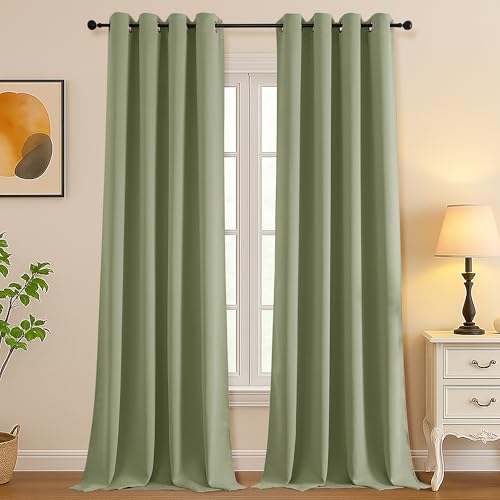 Image of Simplebrand Sage Green Room Darkening Curtains for Bedroom Living Room 108 Inches Long 2 Panels Set, Thermal Insulated Curtains & Drapes, Solid Grommet Noise Reducing Window Treatment, W50 x L108 Inch