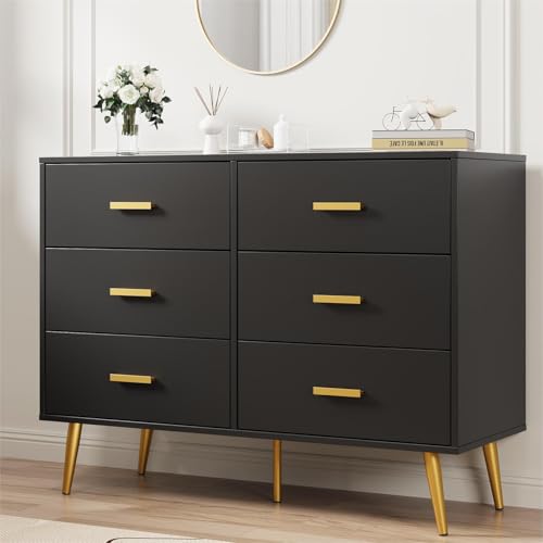 GarveeHome Black Modern 6 Drawer Dresser with Gold Handles, Wooden Chest Dresser with Deep Drawers, Ample Storage Space, for Bedroom, Living Room and