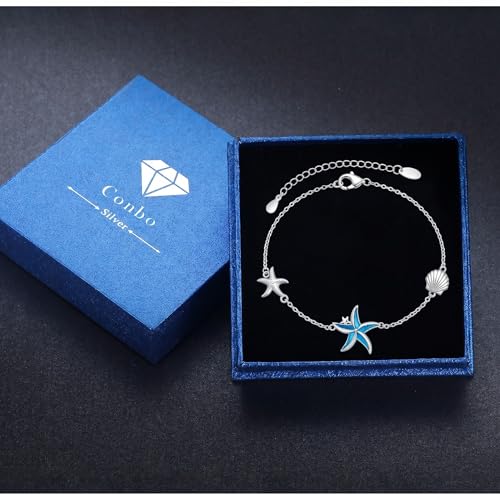 Image of Cuoka Starfish Bracelet 925 Sterling Silver with White Fire Opal Chain Bracelets Ocean Jewelry Birthday For Women