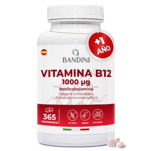 Bandini® Vitamina B12 Vegana 365 Comprimidos | Metilcobalamina 1000 µg | Suministro para 1 año | 1 Comprimido por día | Disminuye el cansancio, la fatiga y contribuye a un sistema inmunitario normal
