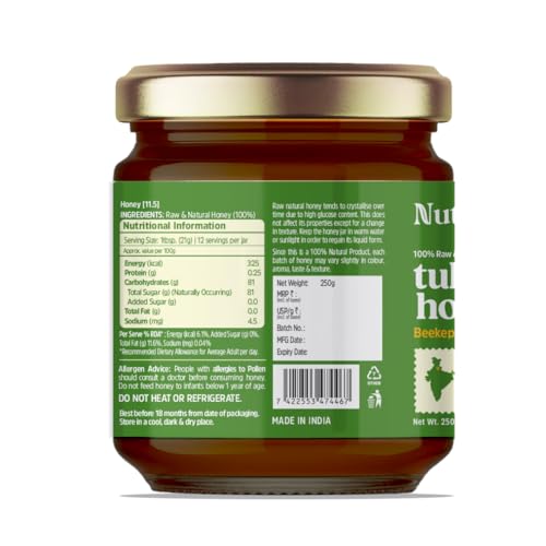 Nutricrate Raw Tulsi Honey - 100% Pure, Natural, Unprocessed, Unheated, Unfiltered, Non-Pasteurized Honey from Tulsi Farmlands of Himalayas Forest - Fine Quality Honey - 250g - Pack of 1